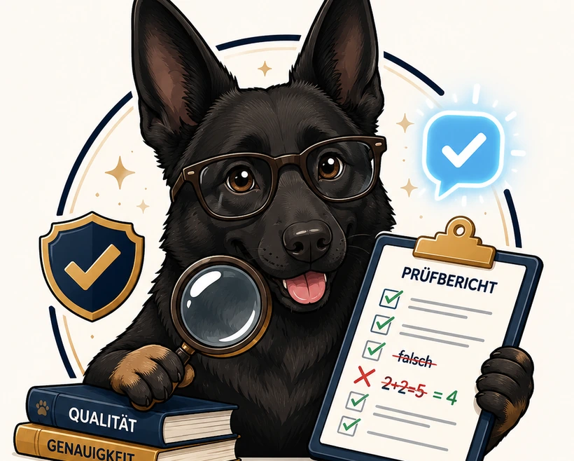 Ronny, Schäferhund mit Lupe und Prüfbericht
